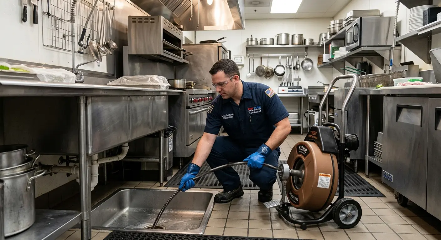 Commercial drain cleaning service in a restaurant kitchen in Lower Heidelberg