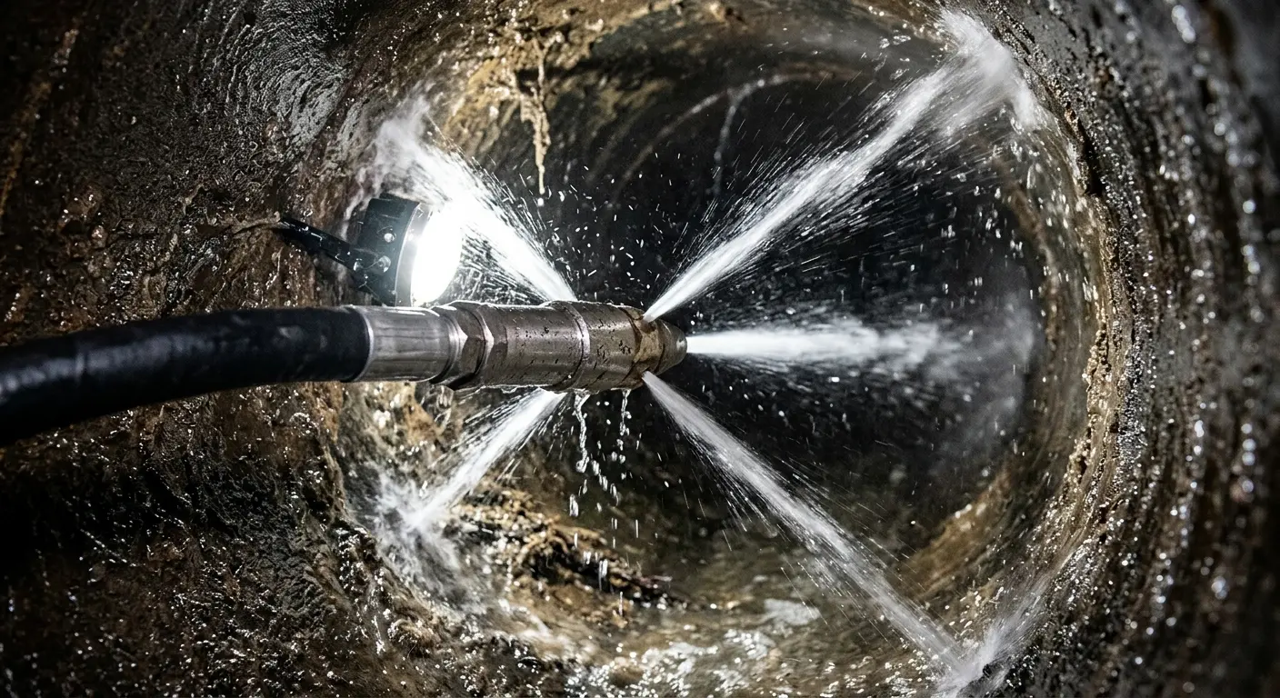 High-pressure hydro jetting nozzle cleaning sewer pipe for Sewer Cleanout in Lower Heidelberg