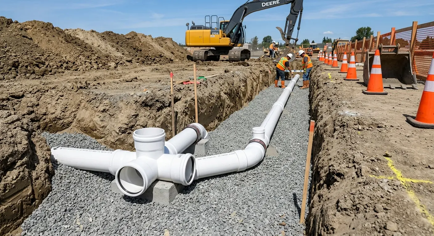 New PVC sewer pipe installation in open trench for Commercial Drain Cleaning in Lower Heidelberg