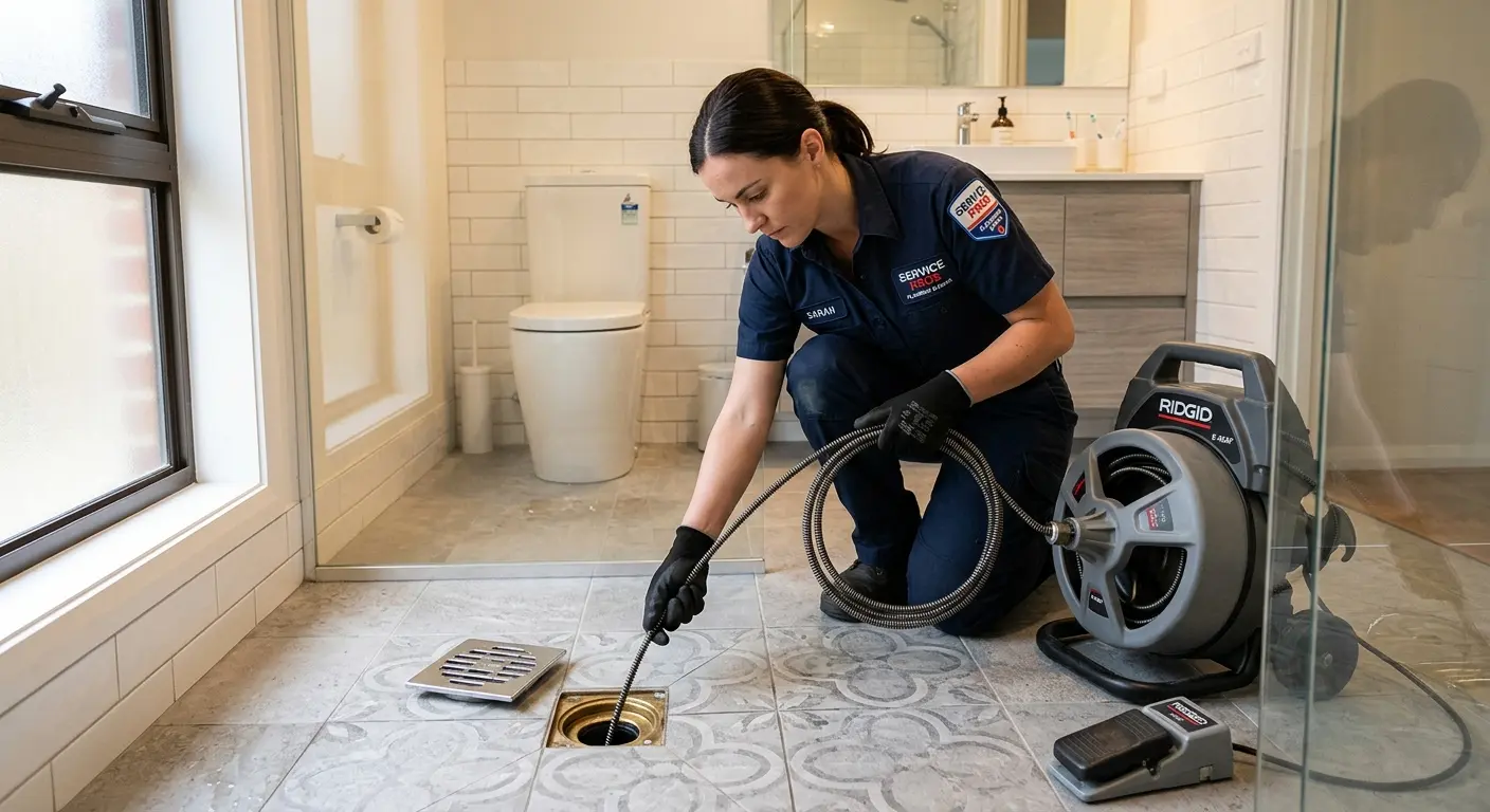 Technician clearing a bathroom floor drain for Hydro Jetting in Lower Heidelberg